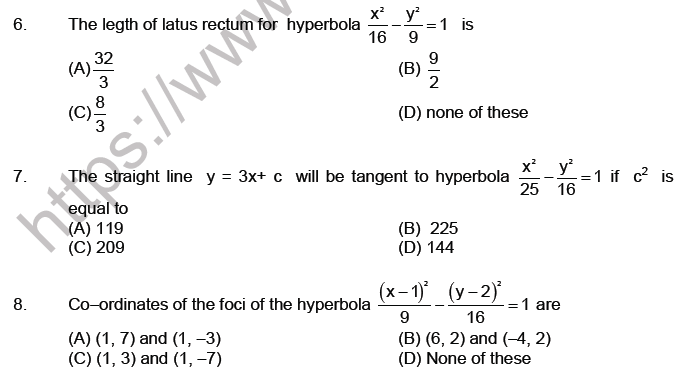 JEE Mathematics Hyperbola MCQs Set A, Multiple Choice Questions